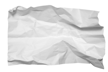 white crumpled paper sheet isolated on transparent png background,poster design template or mockup.	