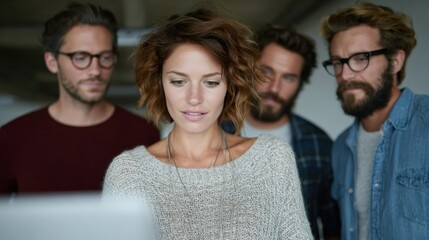 A group of professionals discussing ideas in a modern office environment.