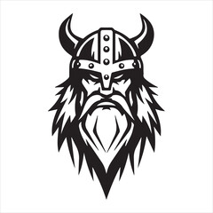 Fototapeta premium Viking warrior head logo. Norse barbarian with horned helmet and beard, vector mascot icon for sports or esports team. Black and white graphic illustration