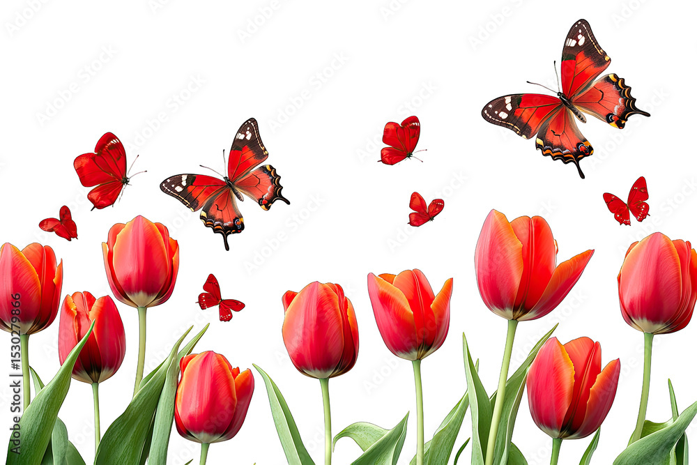 Poster red tulips and butterflies arranged in a row on a transparent background the butterflies are flying 