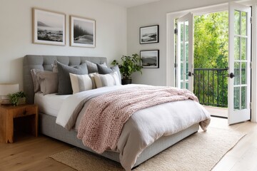 Bedroom with gray bed and pink blanket near open doors leading to a balcony view