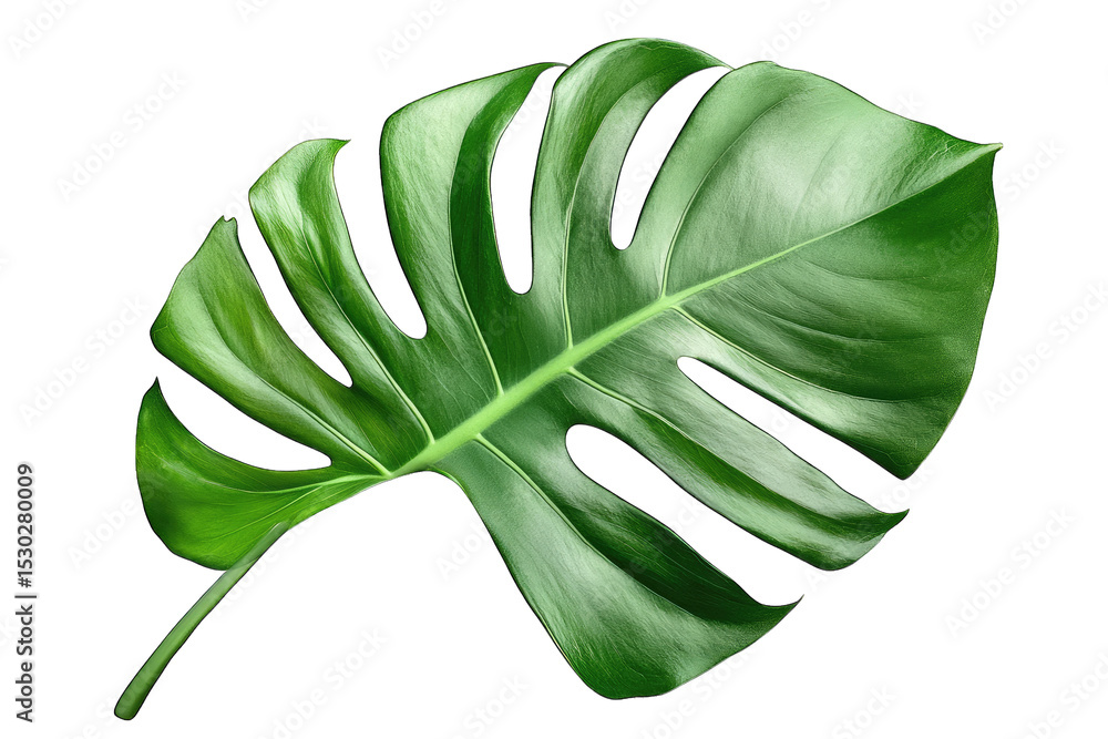 Poster a single vibrant green monstera leaf with distinctive fenestrations isolated on a transparent backgr
