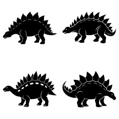Four black stegosaurus dinosaurs with plates on their backs in various poses against a white background