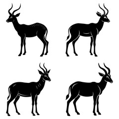 Four black silhouette illustrations of impalas with long curved horns on a white background