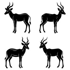 Four black impala silhouettes in various poses showcasing their elegant forms and distinctive horns design