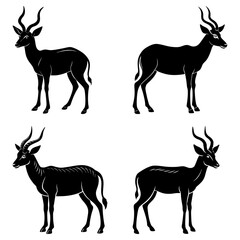 Four black impalas in different poses standing against a white background in a vector illustration