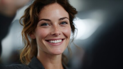 A smiling young woman exuding confidence and joy in a professional setting.