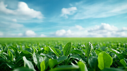 A vibrant green crop field under a bright blue sky with scattered white clouds, symbolizing agriculture and natural growth.