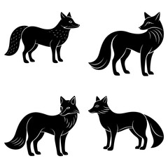 Four black fox silhouettes in various poses against a white background animal representations art