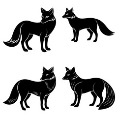 Four black fox silhouettes in various poses against a white background illustration art design