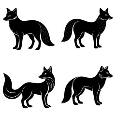 Four black silhouette fox illustrations in various poses on a white background vector image design art