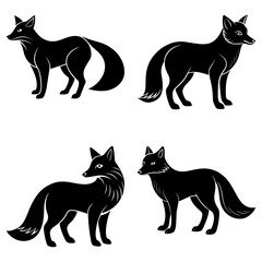 Four black fox silhouettes in various poses standing on a white background in a simple vector style