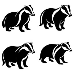Four stylized black and white badger illustrations in various poses on a white background art image