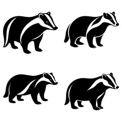 Four black and white badger illustrations in various poses on a white background design art