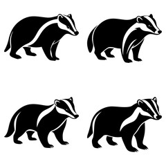Four black and white badger illustrations in various poses against a white background design layout