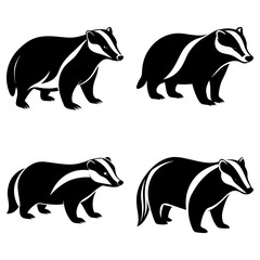 Four black and white badger illustrations in various poses on a white background showing different views