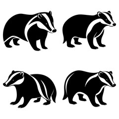 Four monochrome badger illustrations in various poses against a white background display wildlife art
