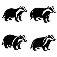 Four black and white badger illustrations in various poses on a white background design art