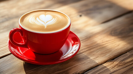 Hot cappuccino coffee in red cup with saucer on wooden table, perspective for text input.