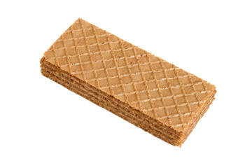 One waffle with a filling on a white background. Brown rectangular waffle close-up.