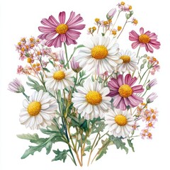 Fototapeta premium Watercolor Bouquet of White and Pink Daisies with Green Leaves on White Background