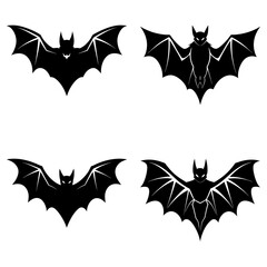 Four black bat silhouettes with different wing patterns flying against a white background in a symmetrical arrangement