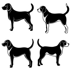 Four dog silhouettes in black and white showing different markings and poses on a white background