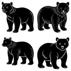 Four black bear illustrations in different poses standing and looking forward on a white background art