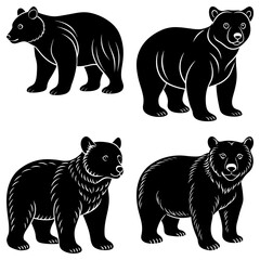 Four black bear illustrations in various poses standing on a white background in a vector format