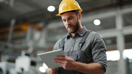 A worker in a hard hat uses a tablet in a modern industrial setting.