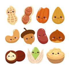 Set of cute nuts, cashew, walnut, almond, hazelnut, peanut cartoon