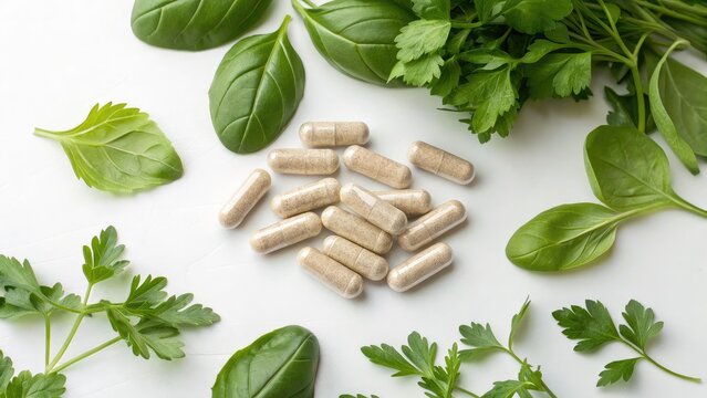 herb wild herb plant-based herbal medicine. Herbal supplements surrounded by fresh green herbs on a light background, emphasizing natural health and wellness.
