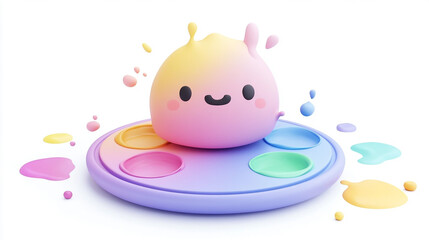 A charming and cheerful chibi-style character with pastel tones sits atop a round artist’s palette containing vibrant paint colors: green, yellow, red, and blue. 