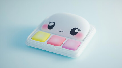 Cute Toy With Happy Face and Pastel Buttons on Light Blue Background. Adorable smiling toy with pastel-colored buttons, exuding a playful and charming vibe. 