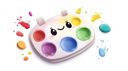 Chibi Kawaii Paint Palette Character with Colorful Background, this image captures a playful, creative, and adorable aesthetic. Perfect for backgrounds, children’s content, or kawaii-themed projects.