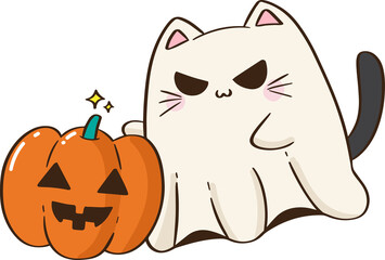 A cute halloween ghost cat with Halloween pumpkin