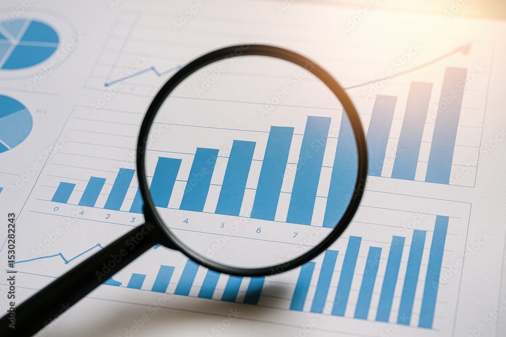 Poster magnifying glass focuses on business data charts and graphs illustrating growth trends and analysis 