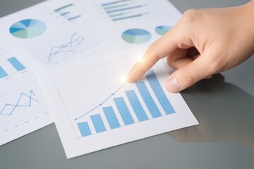 Hand Pointing at Financial Growth Chart with Business Graphs and Data Analysis Documents on Table for Financial Planning and Strategy Overview