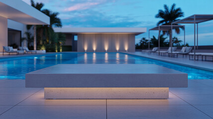 Fototapeta premium Modern luxury swimming pool area with illuminated podium and resort style architecture.