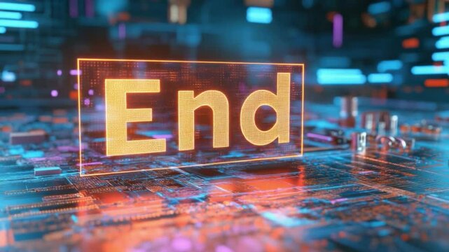 The End of an Era: A futuristic digital display showcasing the word "End" in a vibrant, neon-orange glow, set against a complex backdrop of circuitry and glowing neon lights.