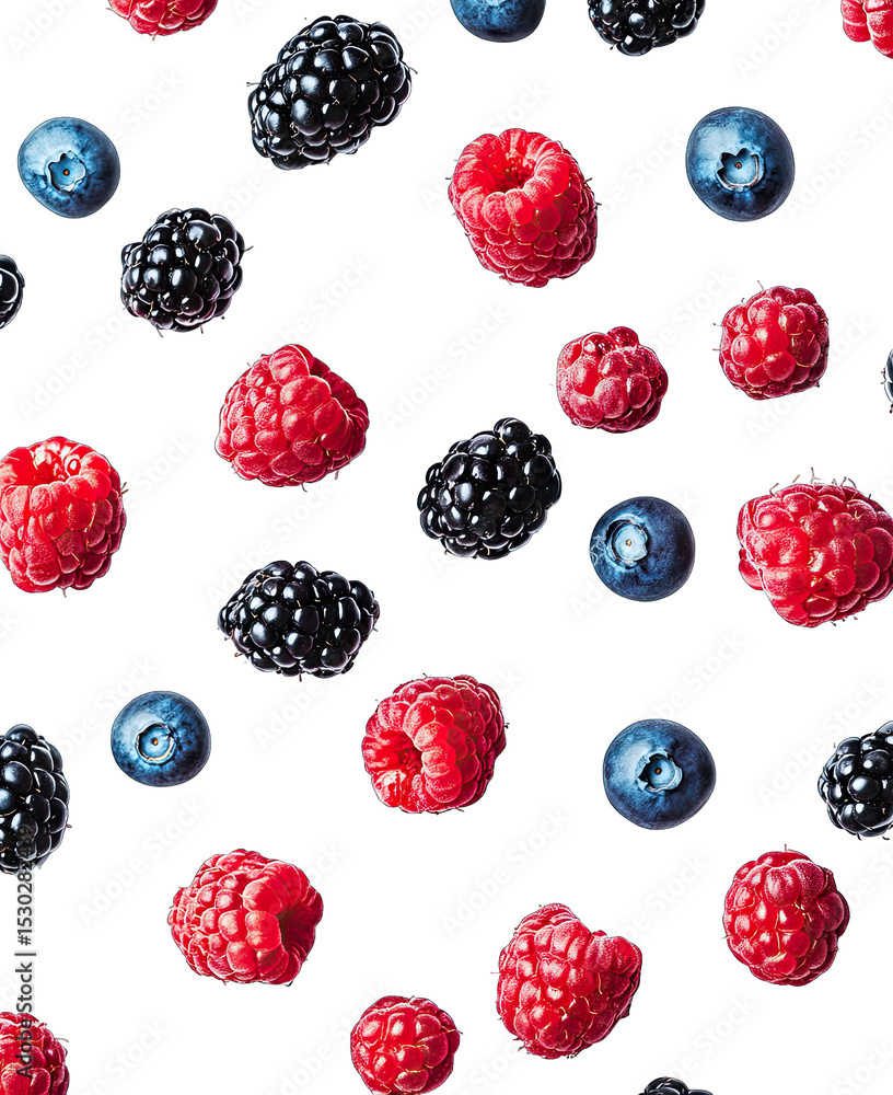 Poster a flat lay of fresh raspberries blueberries and blackberries arranged in a repeating pattern on a tr