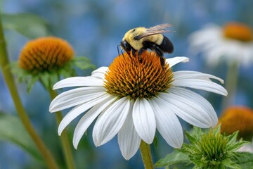 A bee collecting pollen from a flower with white petals and an orange center disk