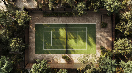 Tennis Court Aerial View with texture of the herb cover. High-angle photo of a tennis court surrounded by greenery, ideal for sports, outdoor recreation, and leisure content.