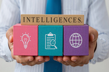 Types of Intelligence and Knowledge Development for Innovation and Global Understanding with colorful wooden blocks