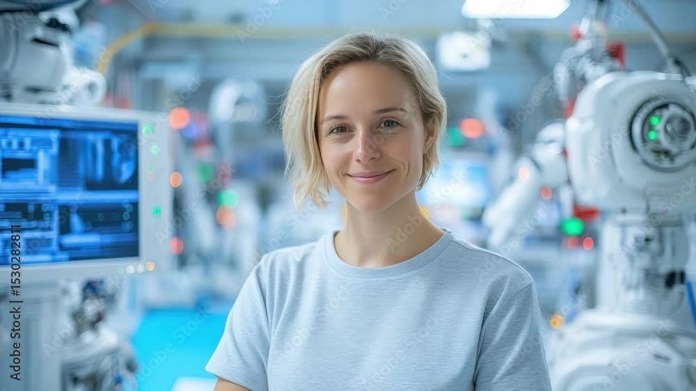 Poster innovation in robotics: a forward-thinking scientist, standing amidst a modern robotics laboratory, 