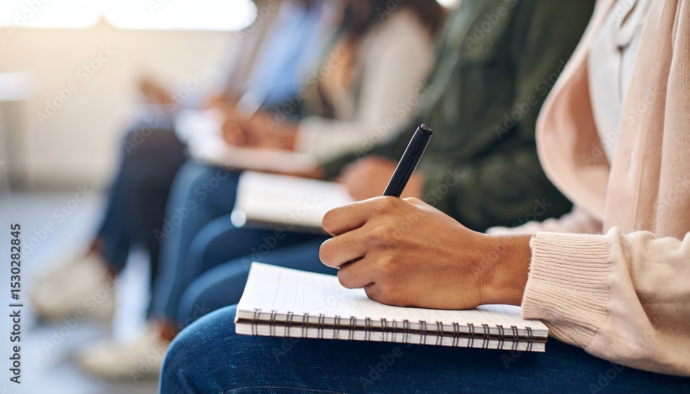 Poster close up of hands taking notes in spiral notebook during lecture