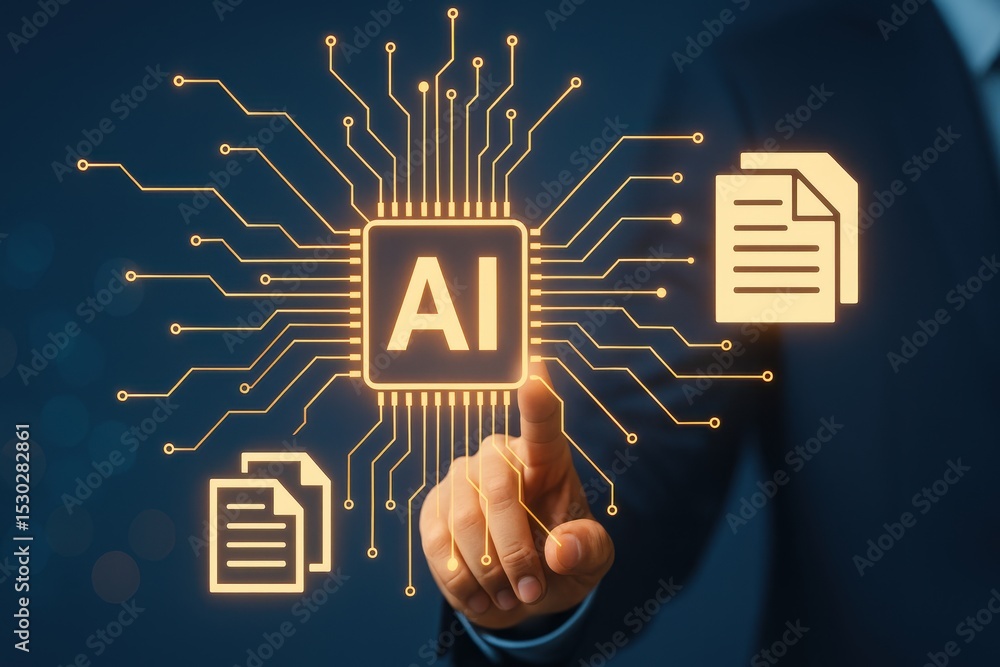 Poster futuristic representation of ai technology with circuit design, documents, and human interaction in 