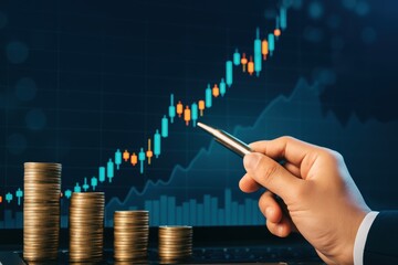 Business Growth Chart with Coins and Hand Holding Pen, Financial Progress, Investment Strategy, Stock Market Analysis, Economic Trends Visual Representation