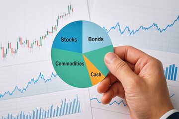 Hand Holding Pie Chart Showing Distribution Among Stocks, Bonds, Commodities, and Cash Overlaid on Financial Graphs and Data for Investment Analysis