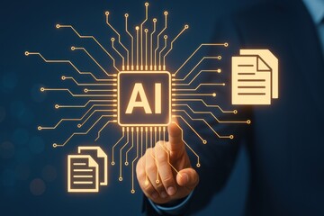 Futuristic Representation of AI Technology with Circuit Design, Documents, and Human Interaction in a Professional Setting